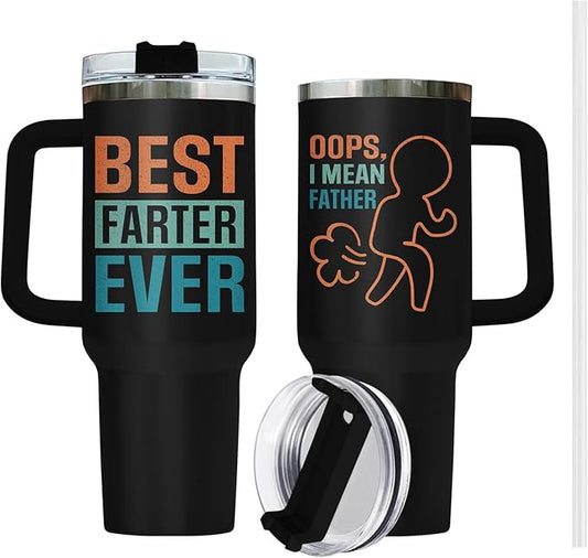 Funny Fathers Gifts, Best Farter I Mean Father Tumbler with Hanlde Straw 40 oz Stainless Steel, Hilarious Dad Cup, Birthday Gifts for Dad from Daughter Son