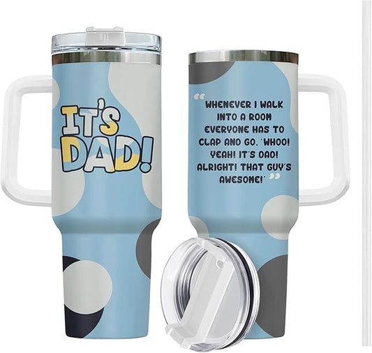 Father Day Gifts, Its Dad Tumbler with Handle Straw 40 oz Stainless Steel, Cartoon Dad Coffee Mug, Father Birthday Gifts from Daughter Son