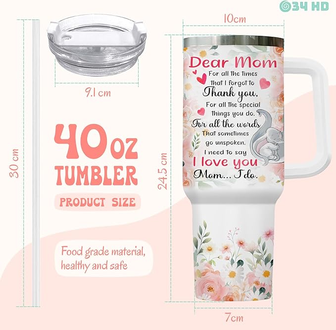 First Mothers Day Gifts, Elephant Mom Tumbler with Lid and Straw, 40oz Cup for Expecting Mom, To My Mommy Insulated Mug, First Time Mother Present Birthday Baby Showers