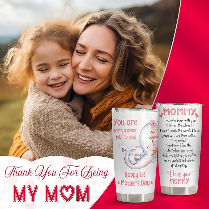 Elephant Mom Tumbler 20oz, Stainless Steel Vacuum Insulated First Mothers Day Mug with Lid, Elephant Gifts for First Time, New, Expecting Mommy, Mother and Child Gifts