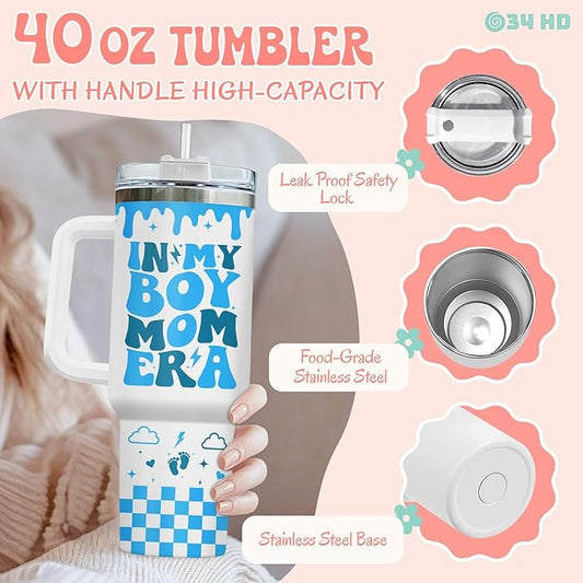 Mothers Day Gifts, Boy Mom Tumbler with Handle and Straw, 40oz Mama Coffee Mug with Nutrition Facts, Mum Drinking Cup, Birthday Gifts for New Mommy Women