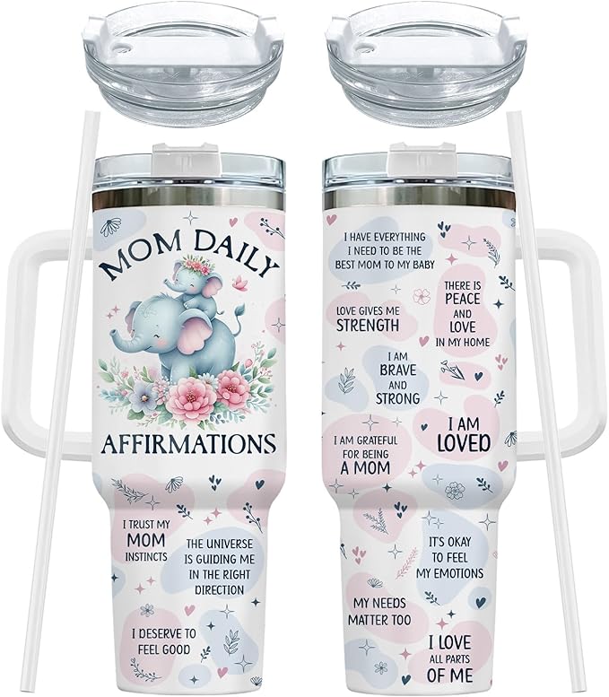 First Mothers Day Gifts, Elephant Mom Tumbler with Lid and Straw, 40oz Cup for Expecting Mom, Mommy Daily Affimation Insulated Mug, First Time Mum Present Birthday
