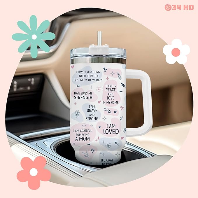 First Mothers Day Gifts, Elephant Mom Tumbler with Lid and Straw, 40oz Cup for Expecting Mom, Mommy Daily Affimation Insulated Mug, First Time Mum Present Birthday