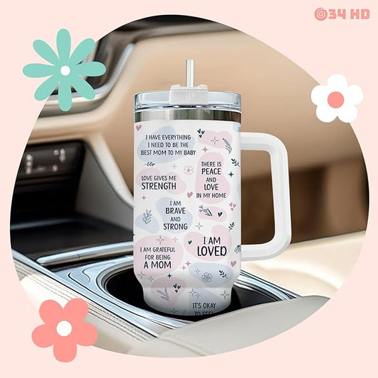 First Mothers Day Gifts, Elephant Mom Tumbler with Lid and Straw, 40oz Cup for Expecting Mom, Mommy Daily Affimation Insulated Mug, First Time Mum Present Birthday