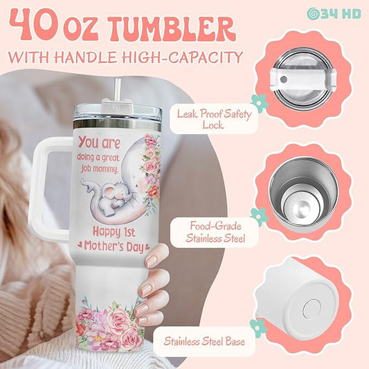 First Mothers Day Gifts, Elephant Mom Tumbler 40oz Stainless Steel with Handle and Straw, Mama Coffee Travel Mug, Cute Baby Animal Gifts for New Mom