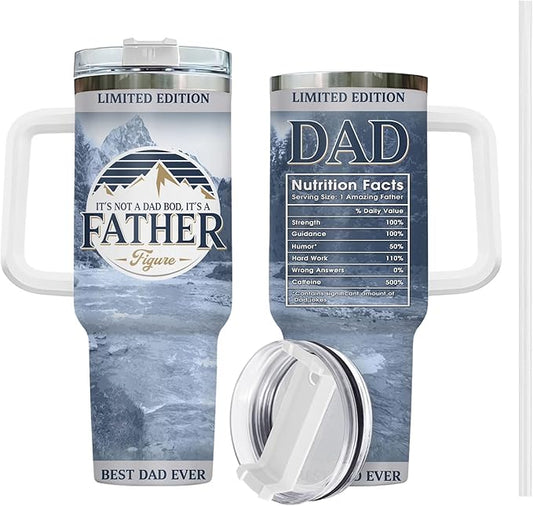 Fathers Gifts, Dad Light Tumbler with Handle Straw 40 oz Stainless Steel, Dad Nutrition Facts Cup, Father Husband Men Birthday Gifts from Daughter, Son, Wife