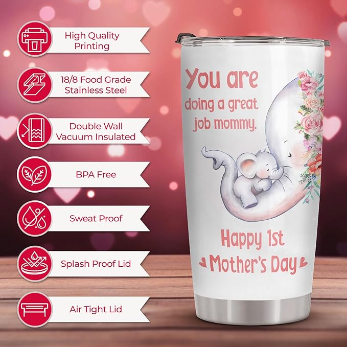 Elephant Mom Tumbler 20oz, Stainless Steel Vacuum Insulated First Mothers Day Mug with Lid, Elephant Gifts for First Time, New, Expecting Mommy, Mother and Child Gifts