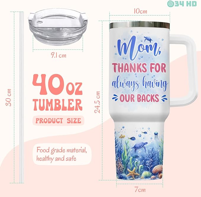 Turtle Mommy Tumbler with Handle and Straw, 40oz Stainless Steel Vacuum Insulated Best Mom Cup, Turtle Gifts for Women Expecting Mom, Mothers Day, Birthday Gifts