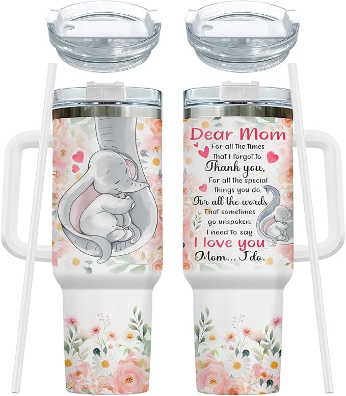 First Mothers Day Gifts, Elephant Mom Tumbler with Lid and Straw, 40oz Cup for Expecting Mom, To My Mommy Insulated Mug, First Time Mother Present Birthday Baby Showers