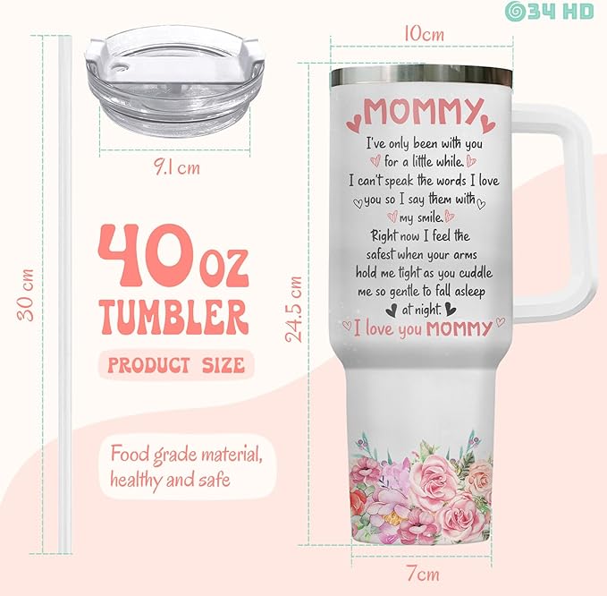 First Mothers Day Gifts, Elephant Mom Tumbler 40oz Stainless Steel with Handle and Straw, Mama Coffee Travel Mug, Cute Baby Animal Gifts for New Mom