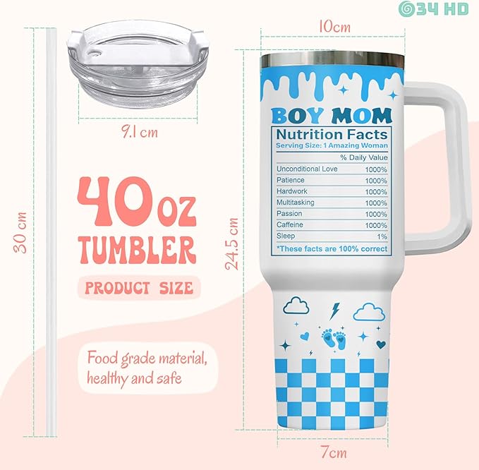 Mothers Day Gifts, Boy Mom Tumbler with Handle and Straw, 40oz Mama Coffee Mug with Nutrition Facts, Mum Drinking Cup, Birthday Gifts for New Mommy Women