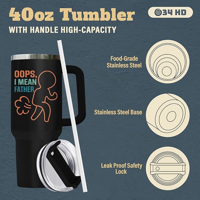 Funny Fathers Gifts, Best Farter I Mean Father Tumbler with Hanlde Straw 40 oz Stainless Steel, Hilarious Dad Cup, Birthday Gifts for Dad from Daughter Son