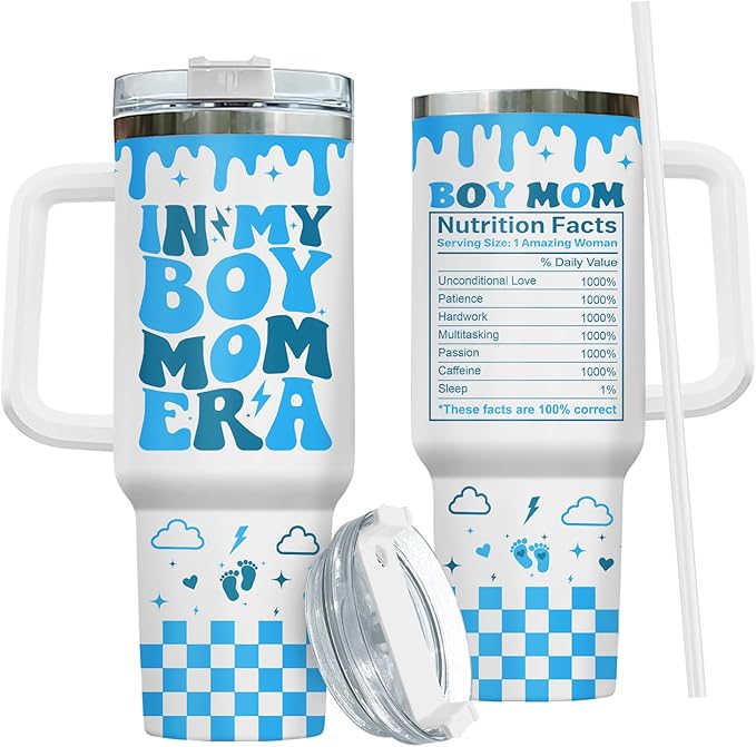 Mothers Day Gifts, Boy Mom Tumbler with Handle and Straw, 40oz Mama Coffee Mug with Nutrition Facts, Mum Drinking Cup, Birthday Gifts for New Mommy Women