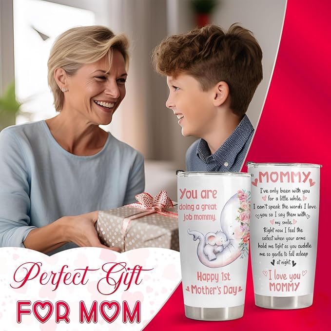 Elephant Mom Tumbler 20oz, Stainless Steel Vacuum Insulated First Mothers Day Mug with Lid, Elephant Gifts for First Time, New, Expecting Mommy, Mother and Child Gifts