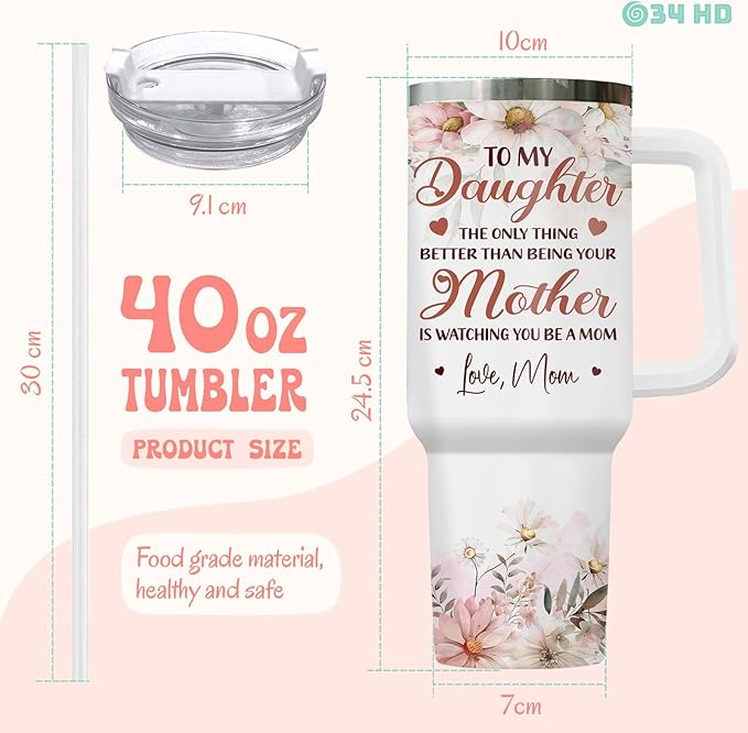 Mother and Daughter Tumbler with Handle & Straw, 40oz Stainless Steel Vacuum Insulated Expecting Mom Mug with Lid, Birthday First Mothers Day Gifts for Daughter, New Mom