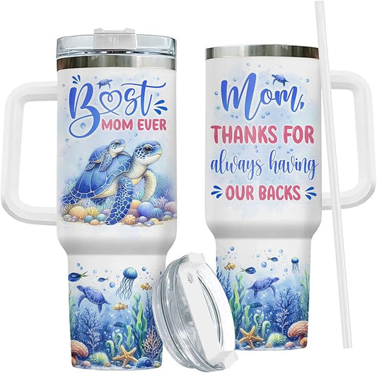 Turtle Mommy Tumbler with Handle and Straw, 40oz Stainless Steel Vacuum Insulated Best Mom Cup, Turtle Gifts for Women Expecting Mom, Mothers Day, Birthday Gifts