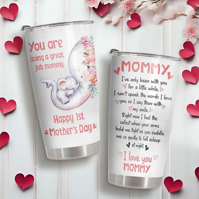 Elephant Mom Tumbler 20oz, Stainless Steel Vacuum Insulated First Mothers Day Mug with Lid, Elephant Gifts for First Time, New, Expecting Mommy, Mother and Child Gifts