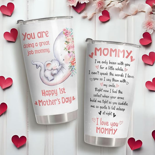 Elephant Mom Tumbler 20oz, Stainless Steel Vacuum Insulated First Mothers Day Mug with Lid, Elephant Gifts for First Time, New, Expecting Mommy, Mother and Child Gifts