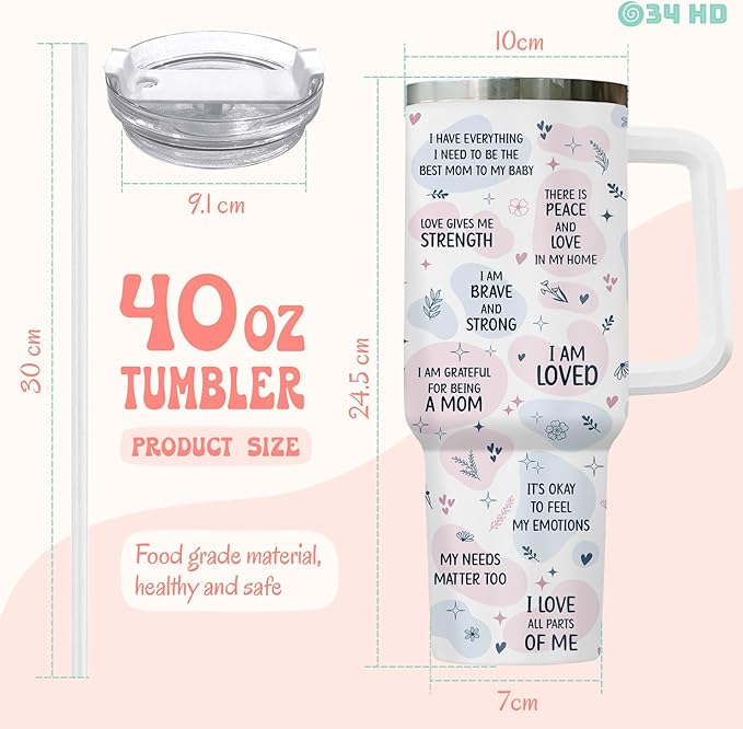 First Mothers Day Gifts, Elephant Mom Tumbler with Lid and Straw, 40oz Cup for Expecting Mom, Mommy Daily Affimation Insulated Mug, First Time Mum Present Birthday