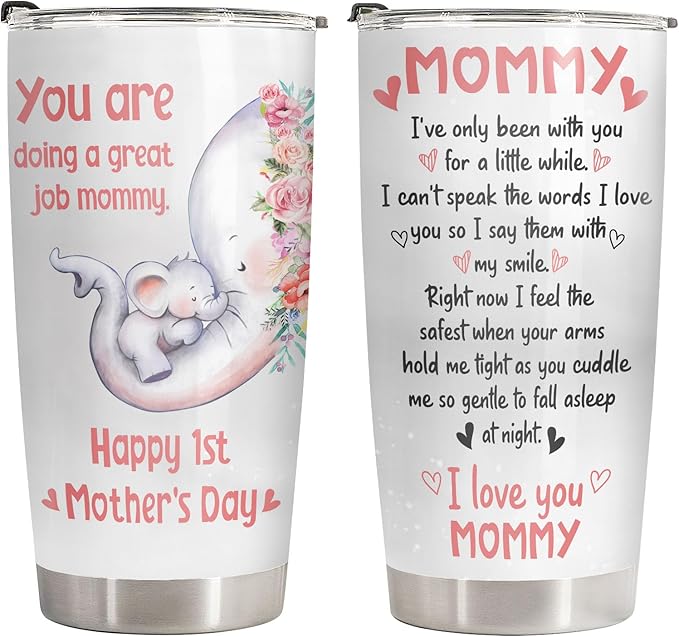 Elephant Mom Tumbler 20oz, Stainless Steel Vacuum Insulated First Mothers Day Mug with Lid, Elephant Gifts for First Time, New, Expecting Mommy, Mother and Child Gifts
