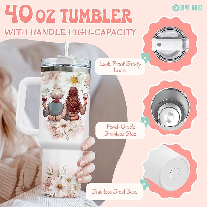 Mother and Daughter Tumbler with Handle & Straw, 40oz Stainless Steel Vacuum Insulated Expecting Mom Mug with Lid, Birthday First Mothers Day Gifts for Daughter, New Mom