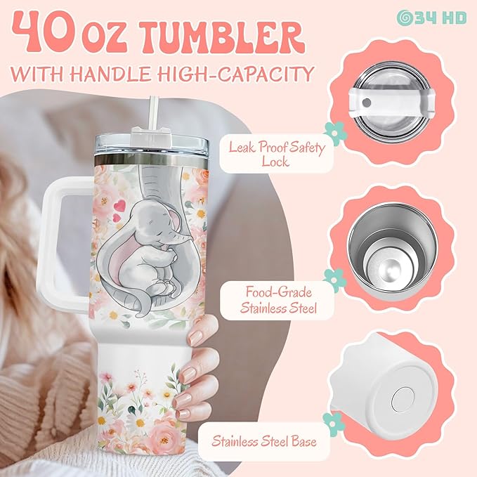 First Mothers Day Gifts, Elephant Mom Tumbler with Lid and Straw, 40oz Cup for Expecting Mom, To My Mommy Insulated Mug, First Time Mother Present Birthday Baby Showers