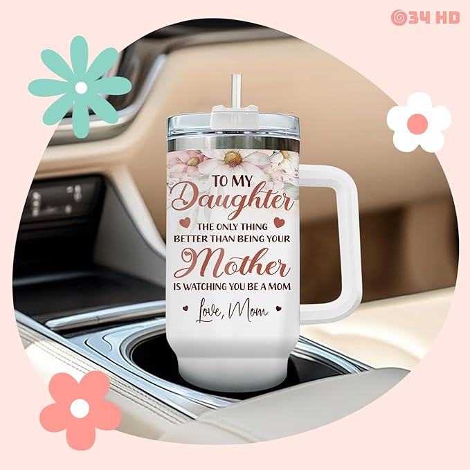 Mother and Daughter Tumbler with Handle & Straw, 40oz Stainless Steel Vacuum Insulated Expecting Mom Mug with Lid, Birthday First Mothers Day Gifts for Daughter, New Mom