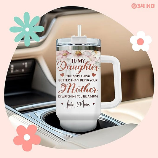 Mother and Daughter Tumbler with Handle & Straw, 40oz Stainless Steel Vacuum Insulated Expecting Mom Mug with Lid, Birthday First Mothers Day Gifts for Daughter, New Mom