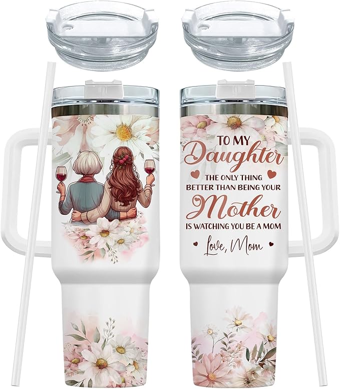 Mother and Daughter Tumbler with Handle & Straw, 40oz Stainless Steel Vacuum Insulated Expecting Mom Mug with Lid, Birthday First Mothers Day Gifts for Daughter, New Mom