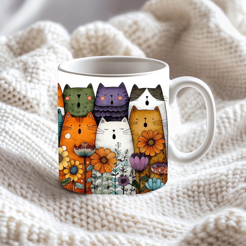 Funny Retro Cat And Flower Mug, Cat Lover Mug