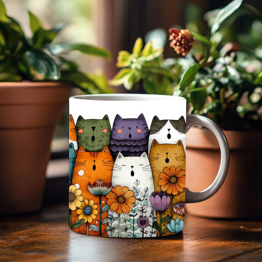 Funny Retro Cat And Flower Mug, Cat Lover Mug