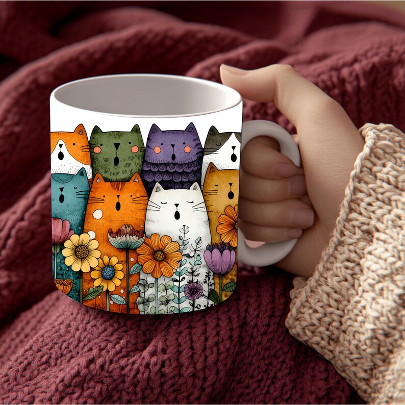 Funny Retro Cat And Flower Mug, Cat Lover Mug