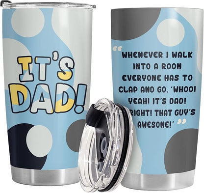 Fathers Gifts, Its Dad Tumbler with Lid 20 oz Stainless Steel, Cartoon Dad Coffee Mug, Daddy Drinking Cup, Father Birthday Gifts from Daughter Son