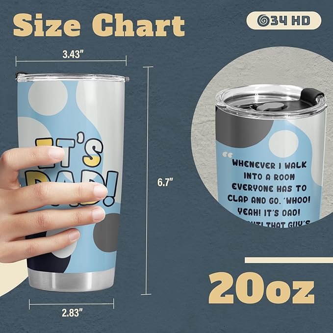 Fathers Gifts, Its Dad Tumbler with Lid 20 oz Stainless Steel, Cartoon Dad Coffee Mug, Daddy Drinking Cup, Father Birthday Gifts from Daughter Son