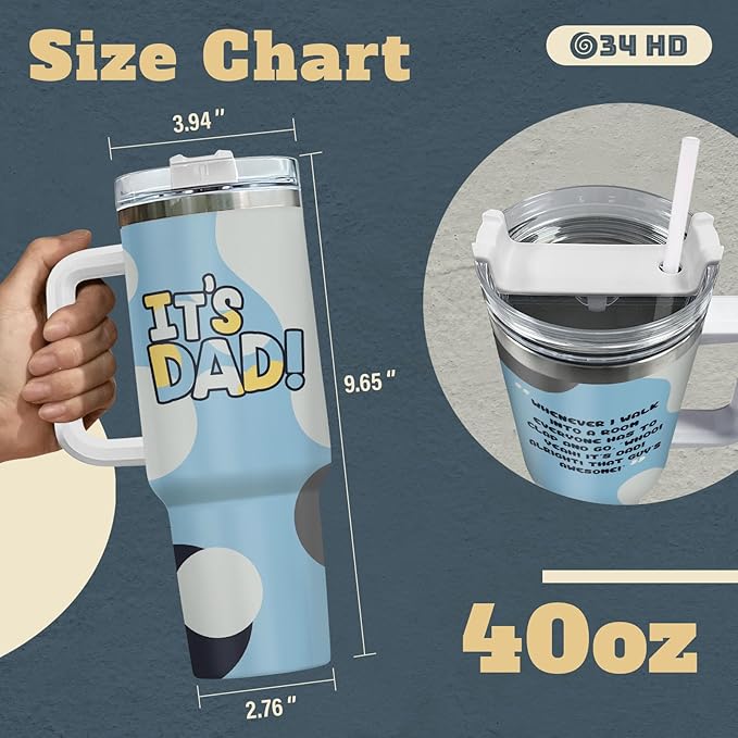 Father Day Gifts, Its Dad Tumbler with Handle Straw 40 oz Stainless Steel, Cartoon Dad Coffee Mug, Father Birthday Gifts from Daughter Son
