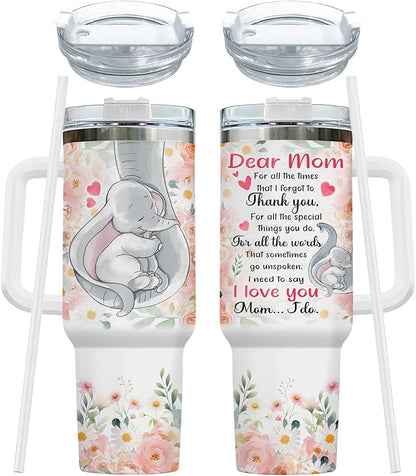 First Mothers Day Gifts, Elephant Mom Tumbler with Lid and Straw, 40oz Cup for Expecting Mom, To My Mommy Insulated Mug, First Time Mother Present Birthday Baby Showers
