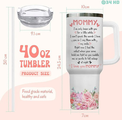 First Mothers Day Gifts, Elephant Mom Tumbler 40oz Stainless Steel with Handle and Straw, Mama Coffee Travel Mug, Cute Baby Animal Gifts for New Mom