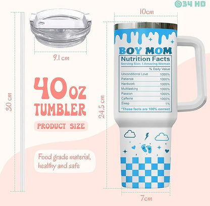 Mothers Day Gifts, Boy Mom Tumbler with Handle and Straw, 40oz Mama Coffee Mug with Nutrition Facts, Mum Drinking Cup, Birthday Gifts for New Mommy Women