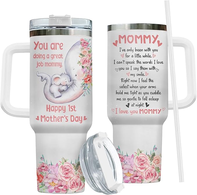 First Mothers Day Gifts, Elephant Mom Tumbler 40oz Stainless Steel with Handle and Straw, Mama Coffee Travel Mug, Cute Baby Animal Gifts for New Mom
