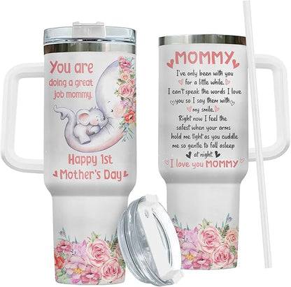 First Mothers Day Gifts, Elephant Mom Tumbler 40oz Stainless Steel with Handle and Straw, Mama Coffee Travel Mug, Cute Baby Animal Gifts for New Mom