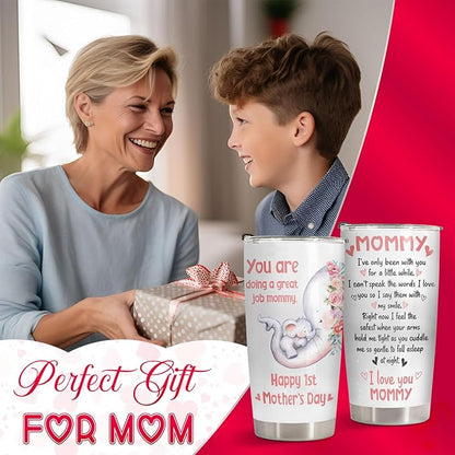 Elephant Mom Tumbler 20oz, Stainless Steel Vacuum Insulated First Mothers Day Mug with Lid, Elephant Gifts for First Time, New, Expecting Mommy, Mother and Child Gifts