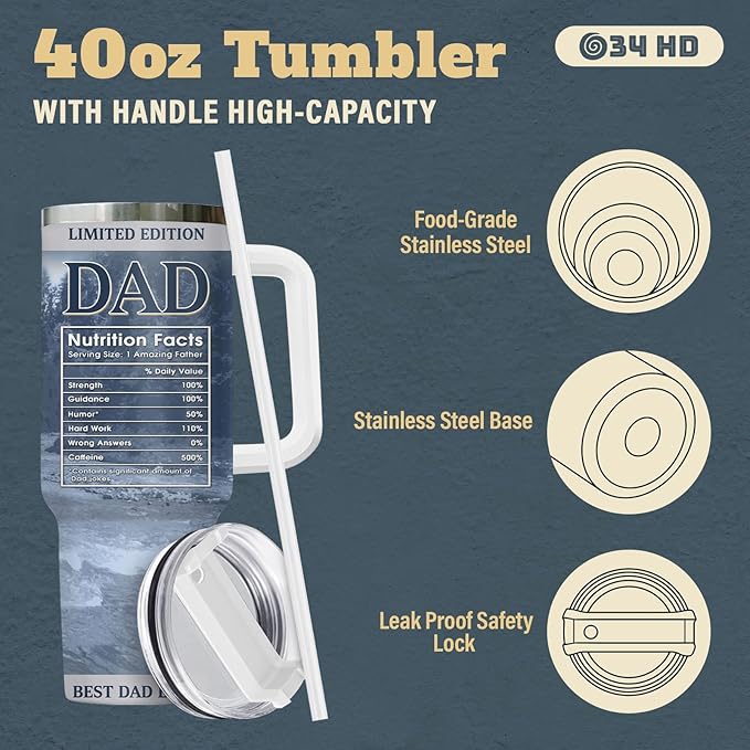 Fathers Gifts, Dad Light Tumbler with Handle Straw 40 oz Stainless Steel, Dad Nutrition Facts Cup, Father Husband Men Birthday Gifts from Daughter, Son, Wife