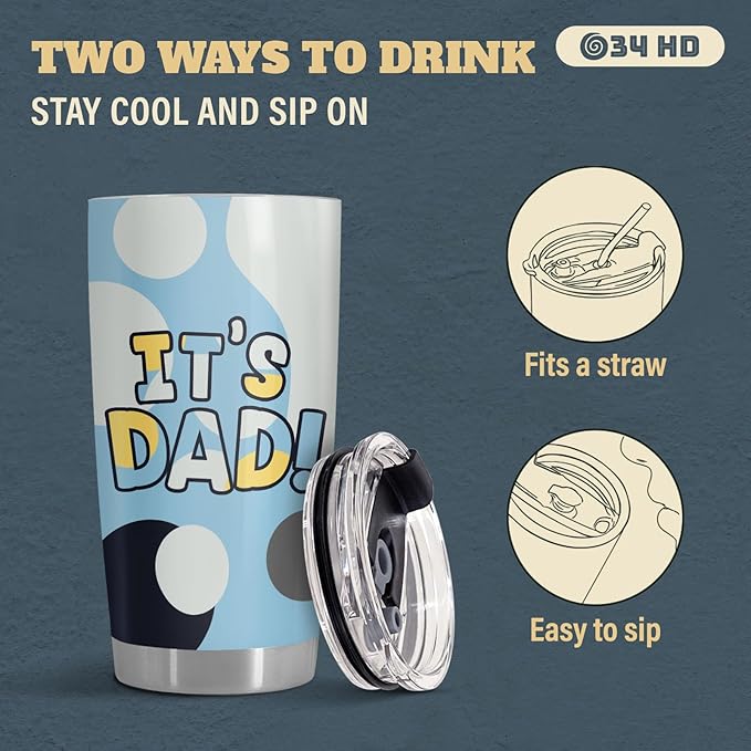 Fathers Gifts, Its Dad Tumbler with Lid 20 oz Stainless Steel, Cartoon Dad Coffee Mug, Daddy Drinking Cup, Father Birthday Gifts from Daughter Son