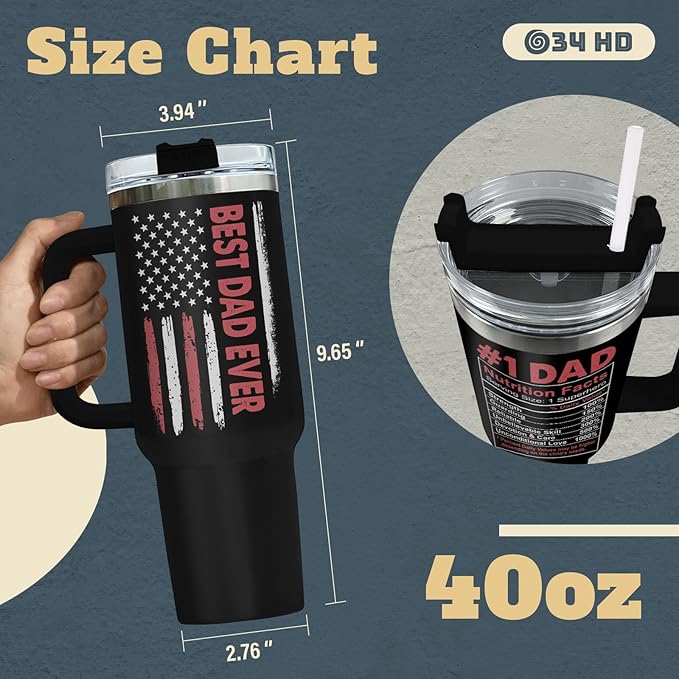 Fathers Gifts, Dad Tumbler with Handle Straw 40 oz Stainless Steel, Dad Coffee Mug, Birthday Gifts for Men, Husband, Papa