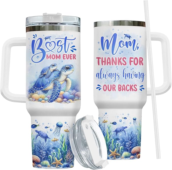 Turtle Mommy Tumbler with Handle and Straw, 40oz Stainless Steel Vacuum Insulated Best Mom Cup, Turtle Gifts for Women Expecting Mom, Mothers Day, Birthday Gifts
