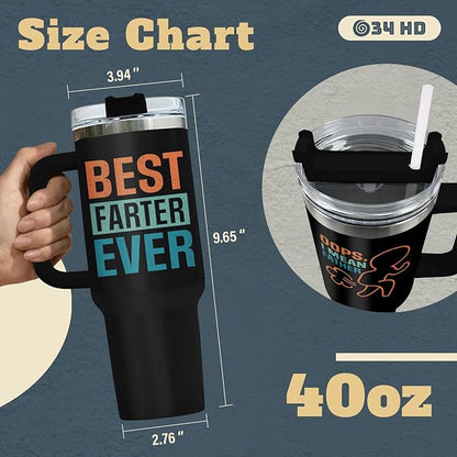 Funny Fathers Gifts, Best Farter I Mean Father Tumbler with Hanlde Straw 40 oz Stainless Steel, Hilarious Dad Cup, Birthday Gifts for Dad from Daughter Son