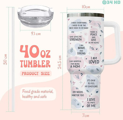 First Mothers Day Gifts, Elephant Mom Tumbler with Lid and Straw, 40oz Cup for Expecting Mom, Mommy Daily Affimation Insulated Mug, First Time Mum Present Birthday