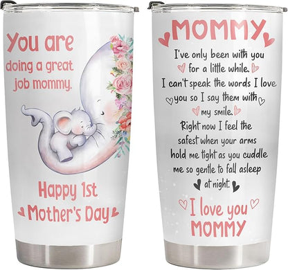 Elephant Mom Tumbler 20oz, Stainless Steel Vacuum Insulated First Mothers Day Mug with Lid, Elephant Gifts for First Time, New, Expecting Mommy, Mother and Child Gifts
