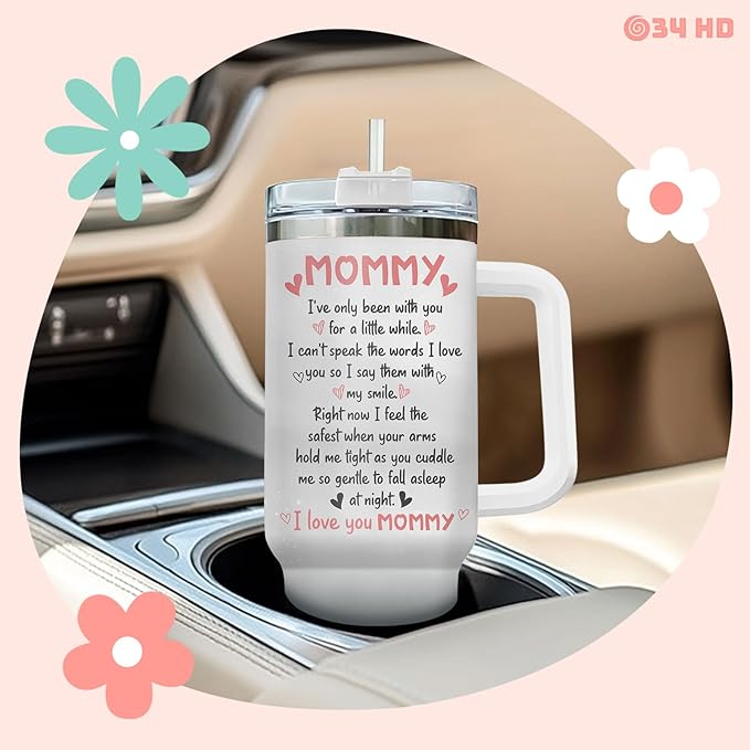 First Mothers Day Gifts, Elephant Mom Tumbler 40oz Stainless Steel with Handle and Straw, Mama Coffee Travel Mug, Cute Baby Animal Gifts for New Mom