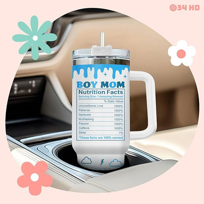 Mothers Day Gifts, Boy Mom Tumbler with Handle and Straw, 40oz Mama Coffee Mug with Nutrition Facts, Mum Drinking Cup, Birthday Gifts for New Mommy Women